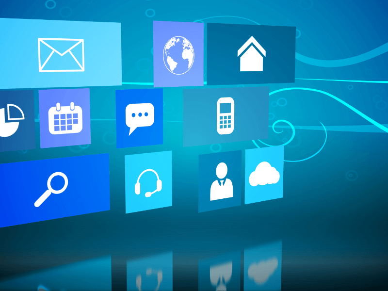 Floating apps icons on a blue background representing top time management tools and apps for professionals